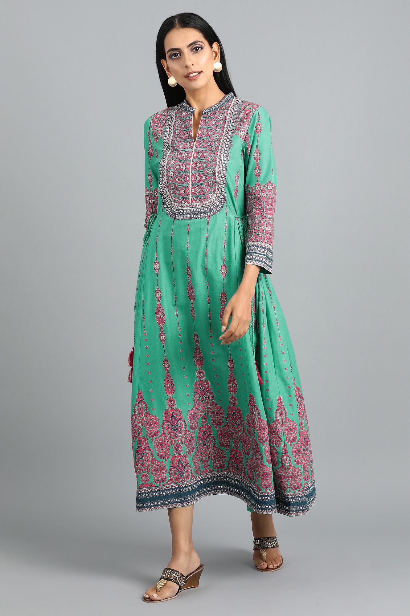 Teal Green Mandarin Neck Printed Dress