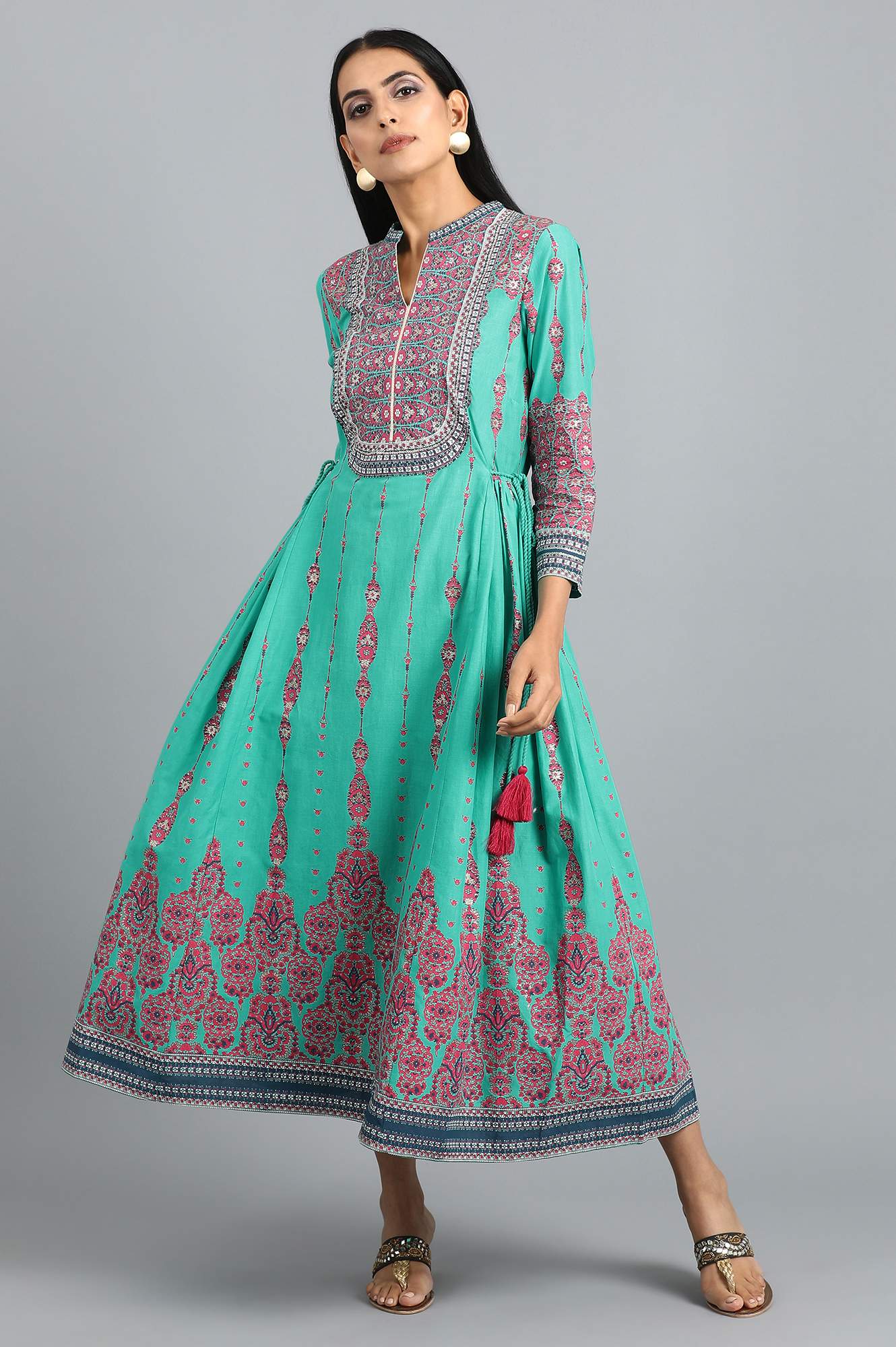 Teal Green Mandarin Neck Printed Dress