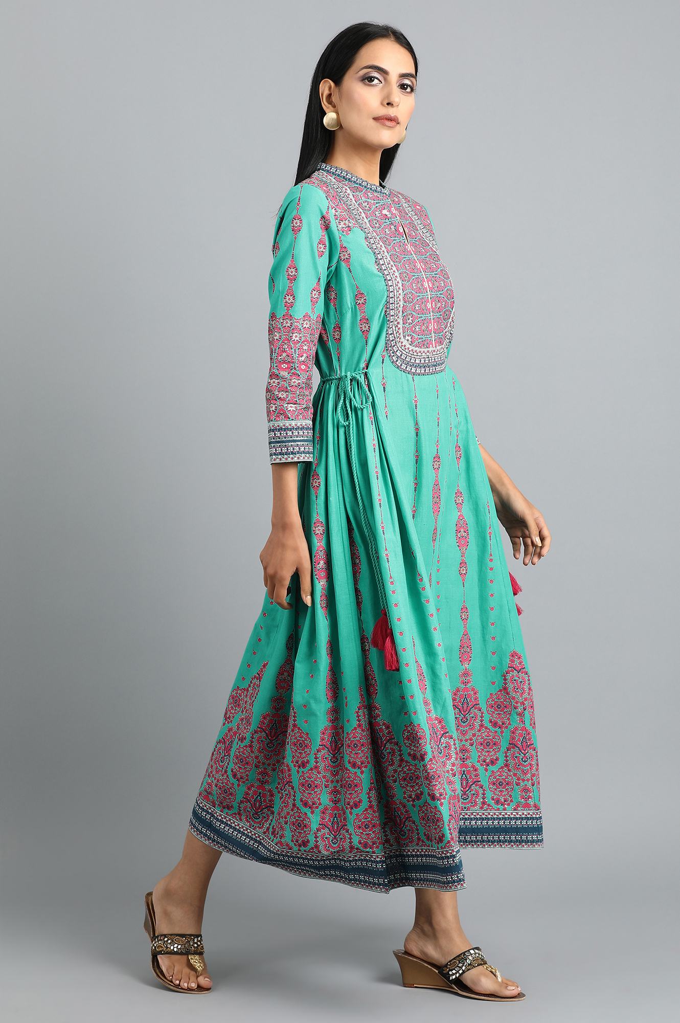 Teal Green Mandarin Neck Printed Dress