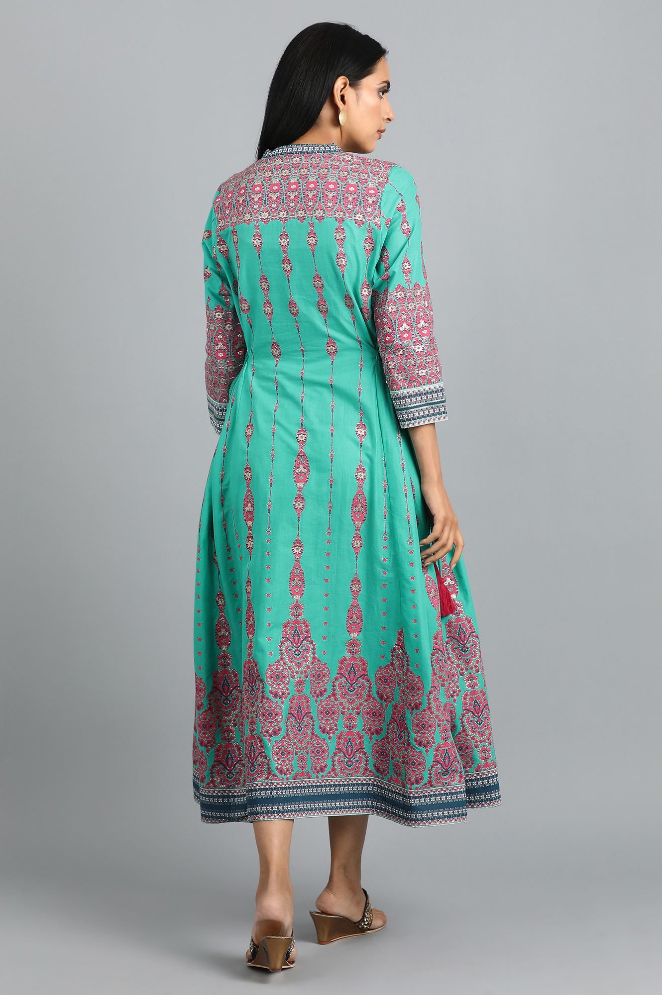 Teal Green Mandarin Neck Printed Dress