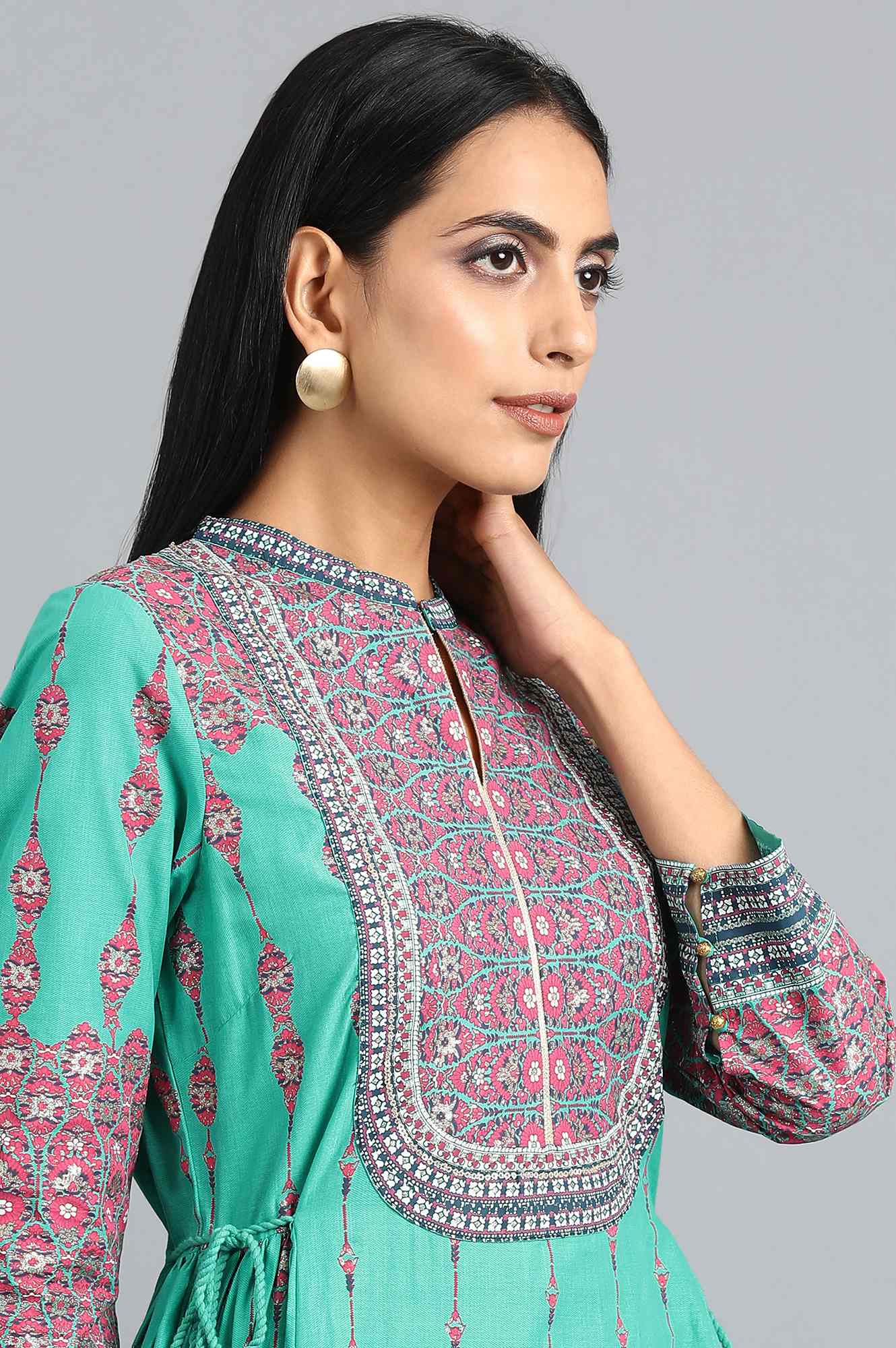 Teal Green Mandarin Neck Printed Dress