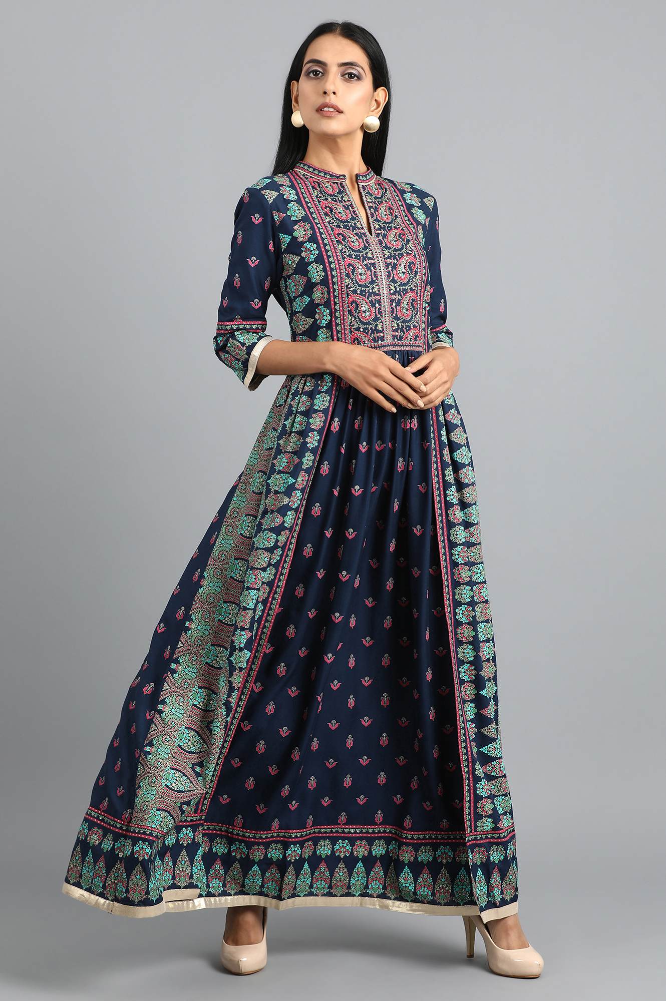 Blue Mandarin Neck Gathered Dress