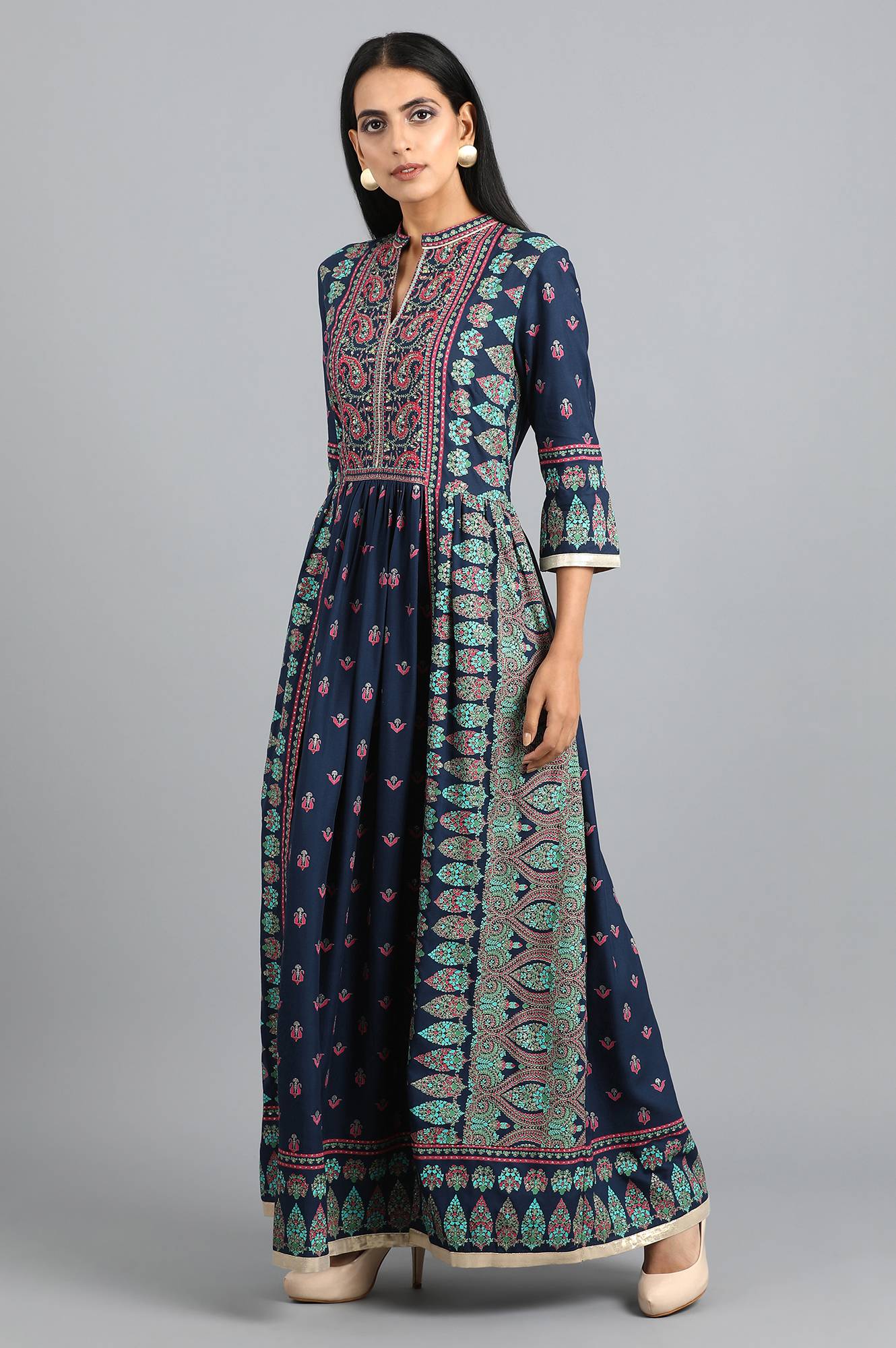 Blue Mandarin Neck Gathered Dress
