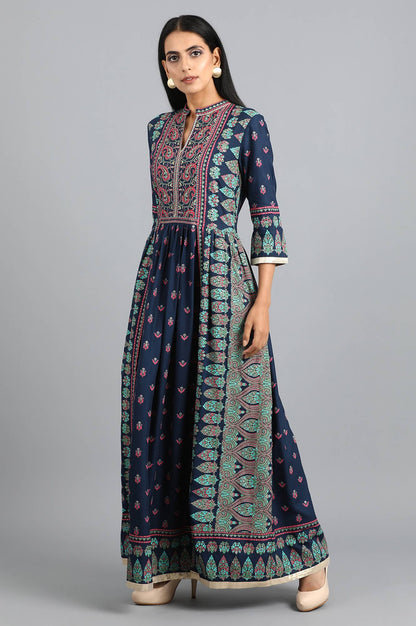 Blue Mandarin Neck Gathered Dress