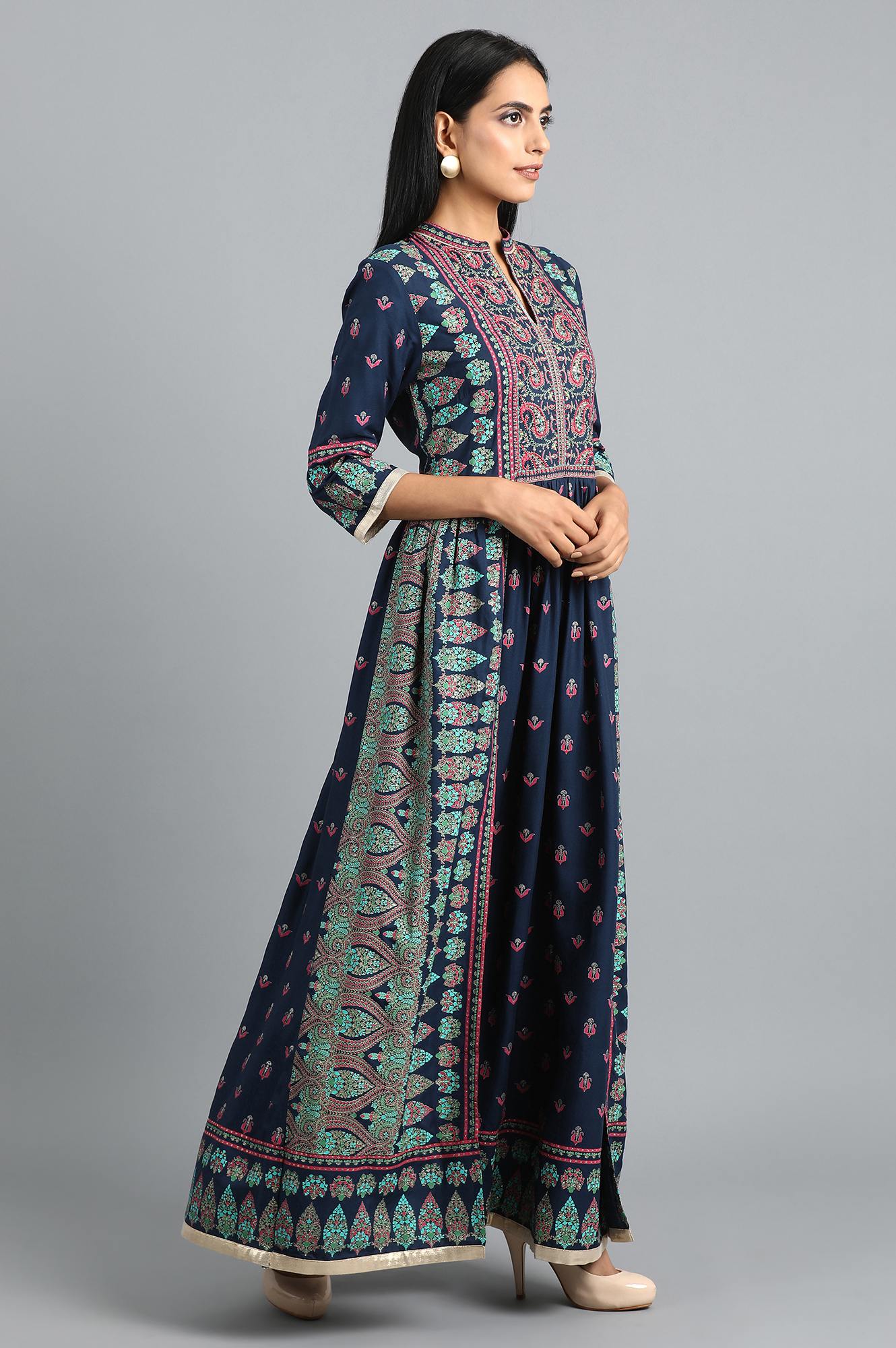 Blue Mandarin Neck Gathered Dress