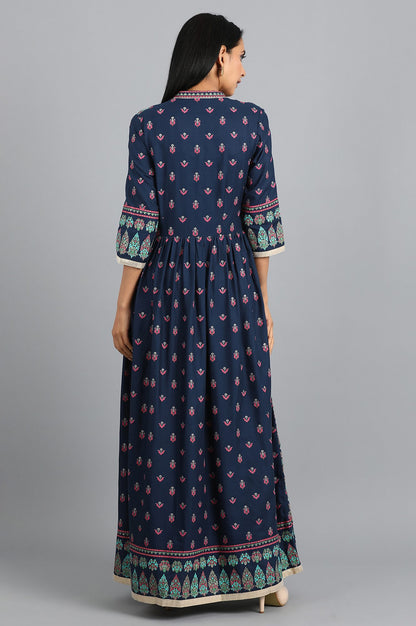Blue Mandarin Neck Gathered Dress