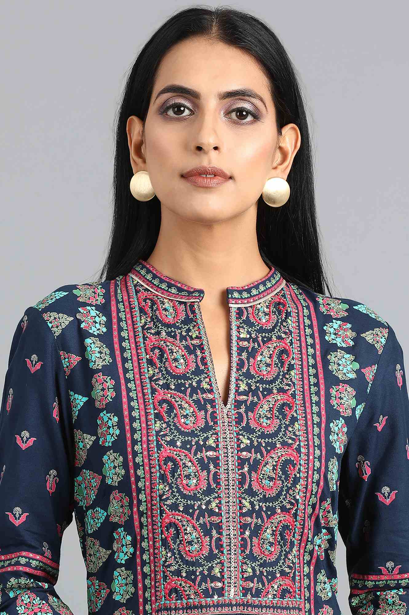 Blue Mandarin Neck Gathered Dress