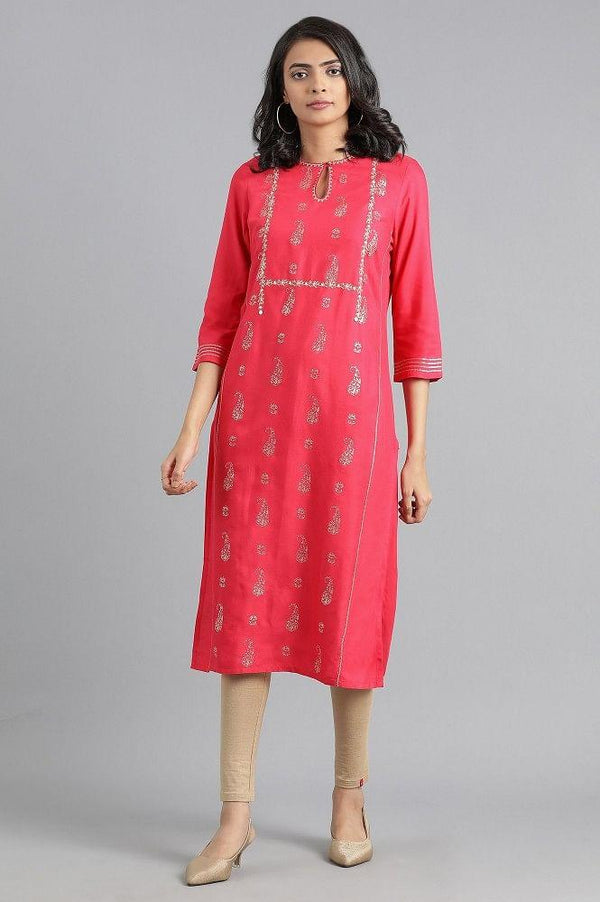 Pink Round Neck Printed kurta