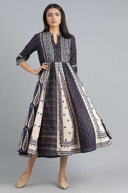 Blue Mandarin Neck Gathered Dress - wforwoman