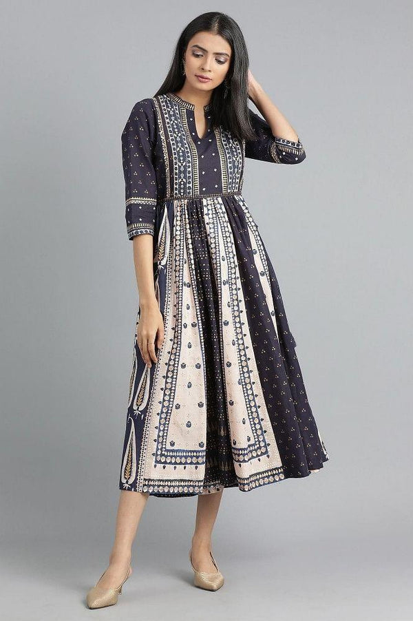 Blue Mandarin Neck Gathered Dress