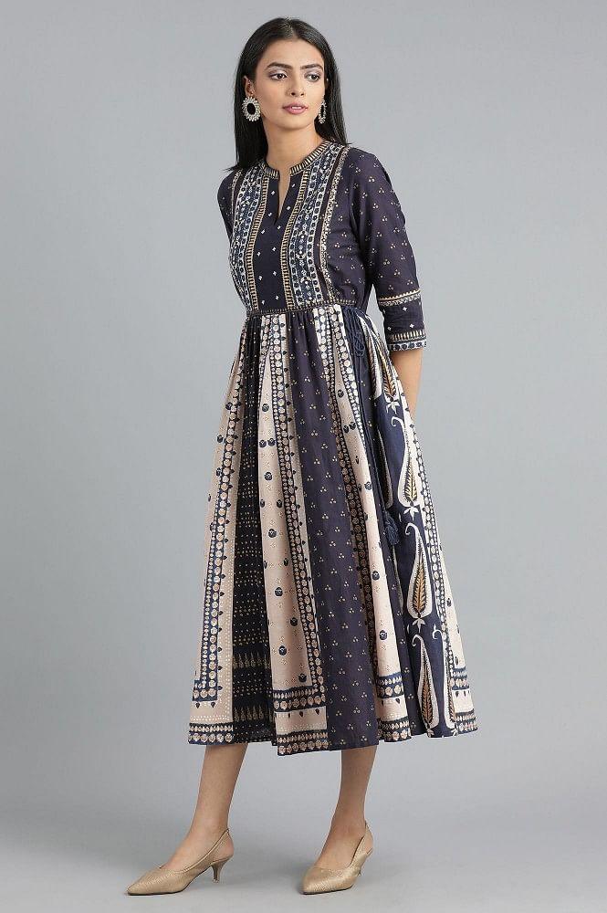 Blue Mandarin Neck Gathered Dress - wforwoman