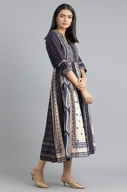 Blue Mandarin Neck Gathered Dress - wforwoman