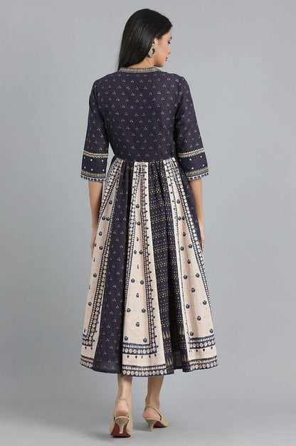 Blue Mandarin Neck Gathered Dress - wforwoman