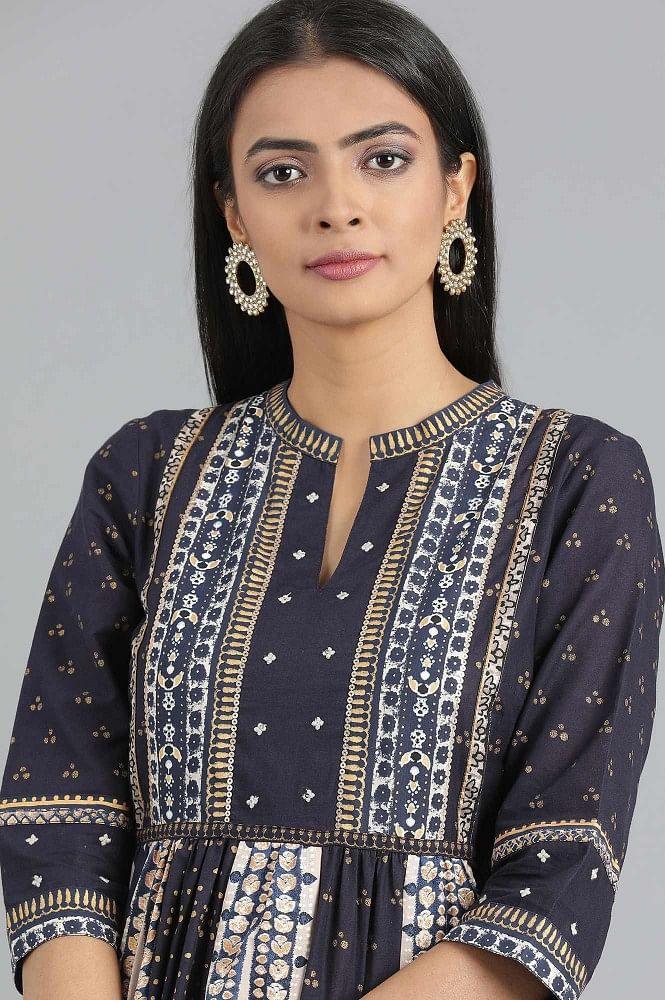 Blue Mandarin Neck Gathered Dress - wforwoman