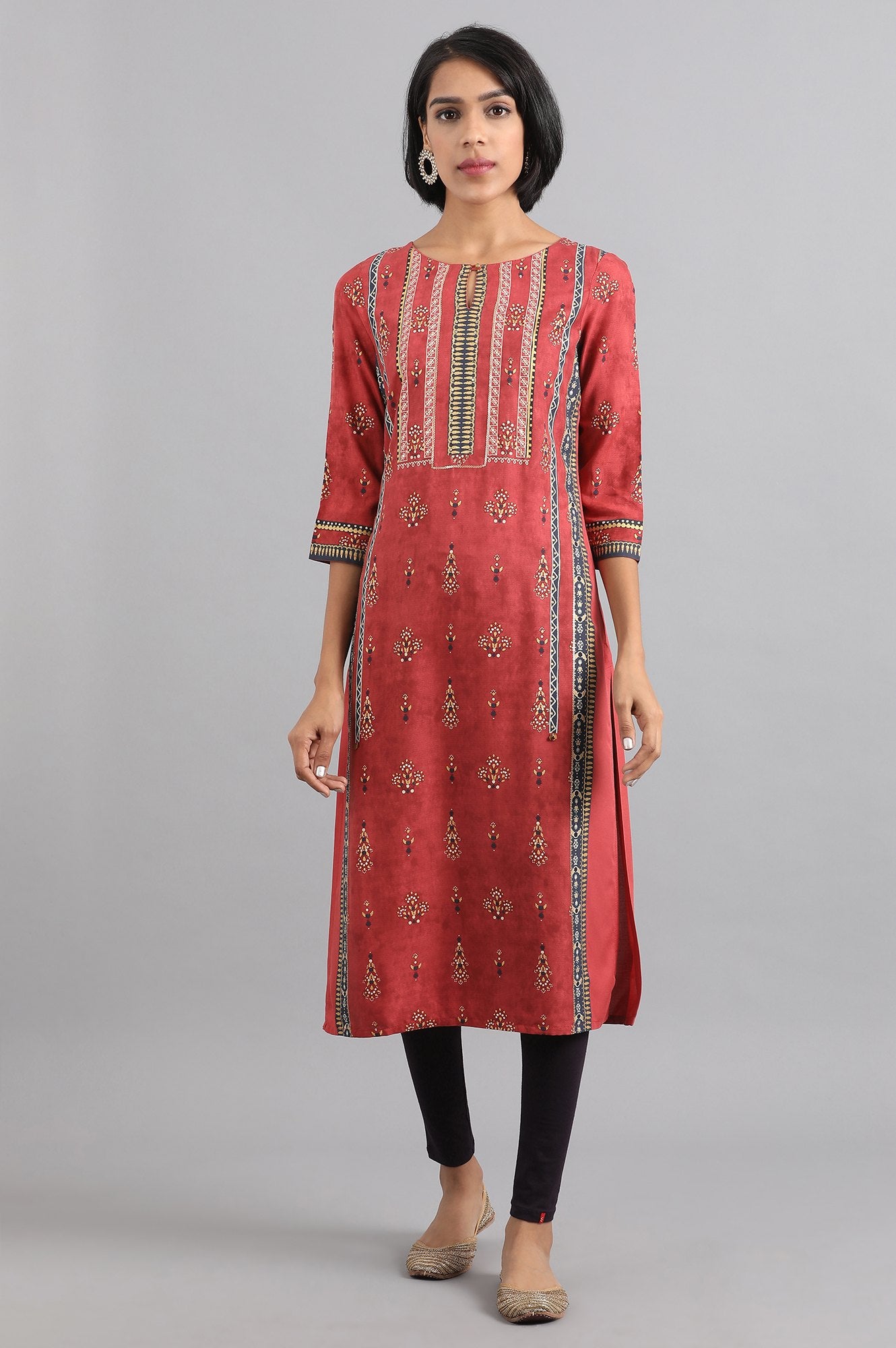 Rust Round Neck Printed kurta