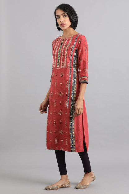Rust Round Neck Printed kurta