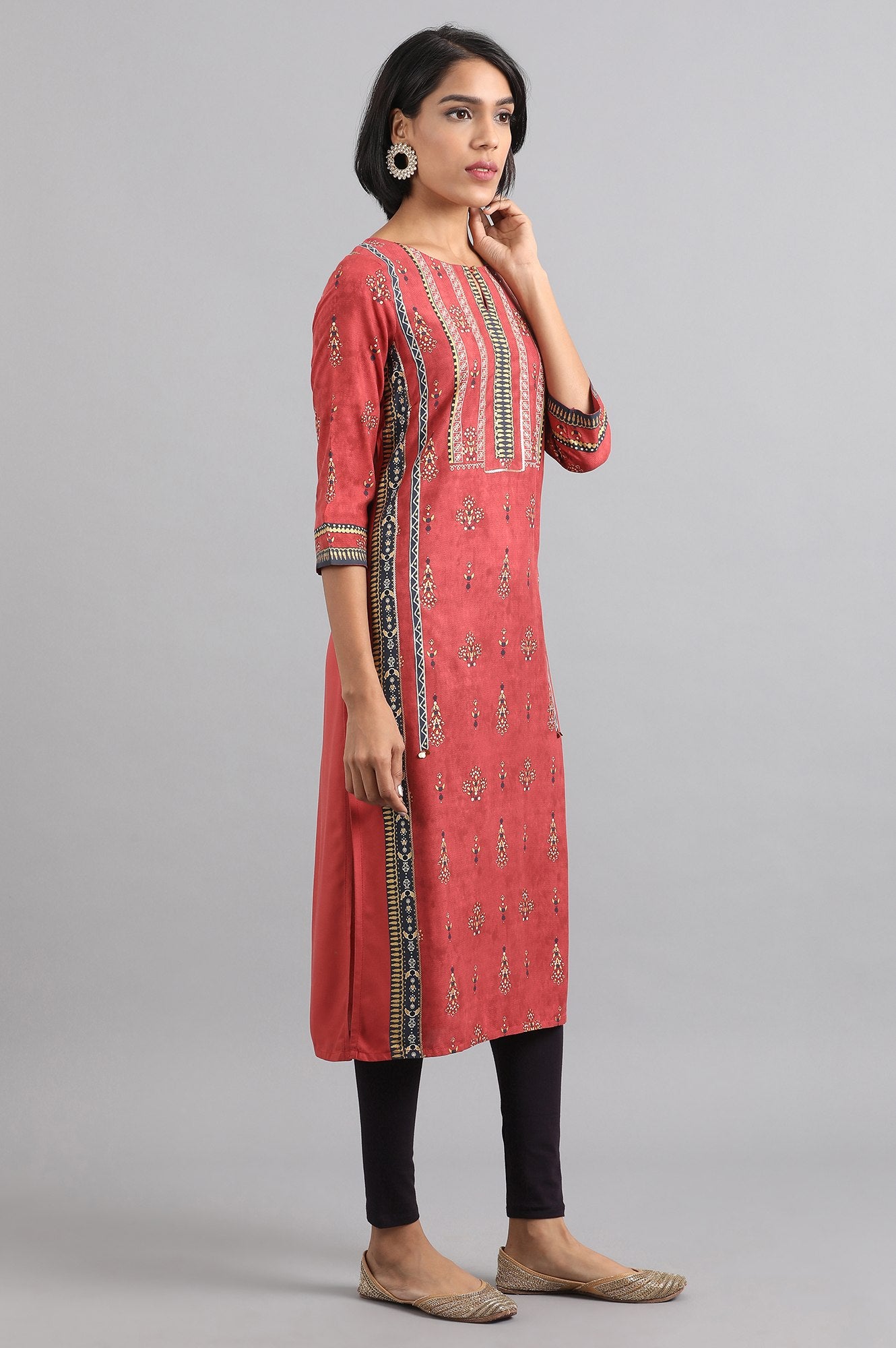 Rust Round Neck Printed kurta