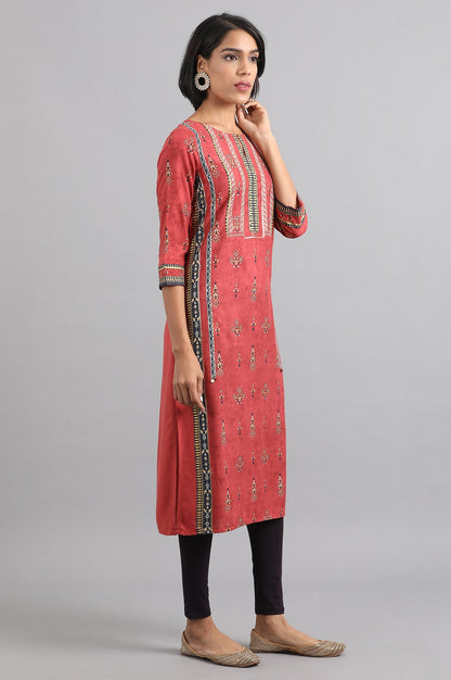 Rust Round Neck Printed kurta
