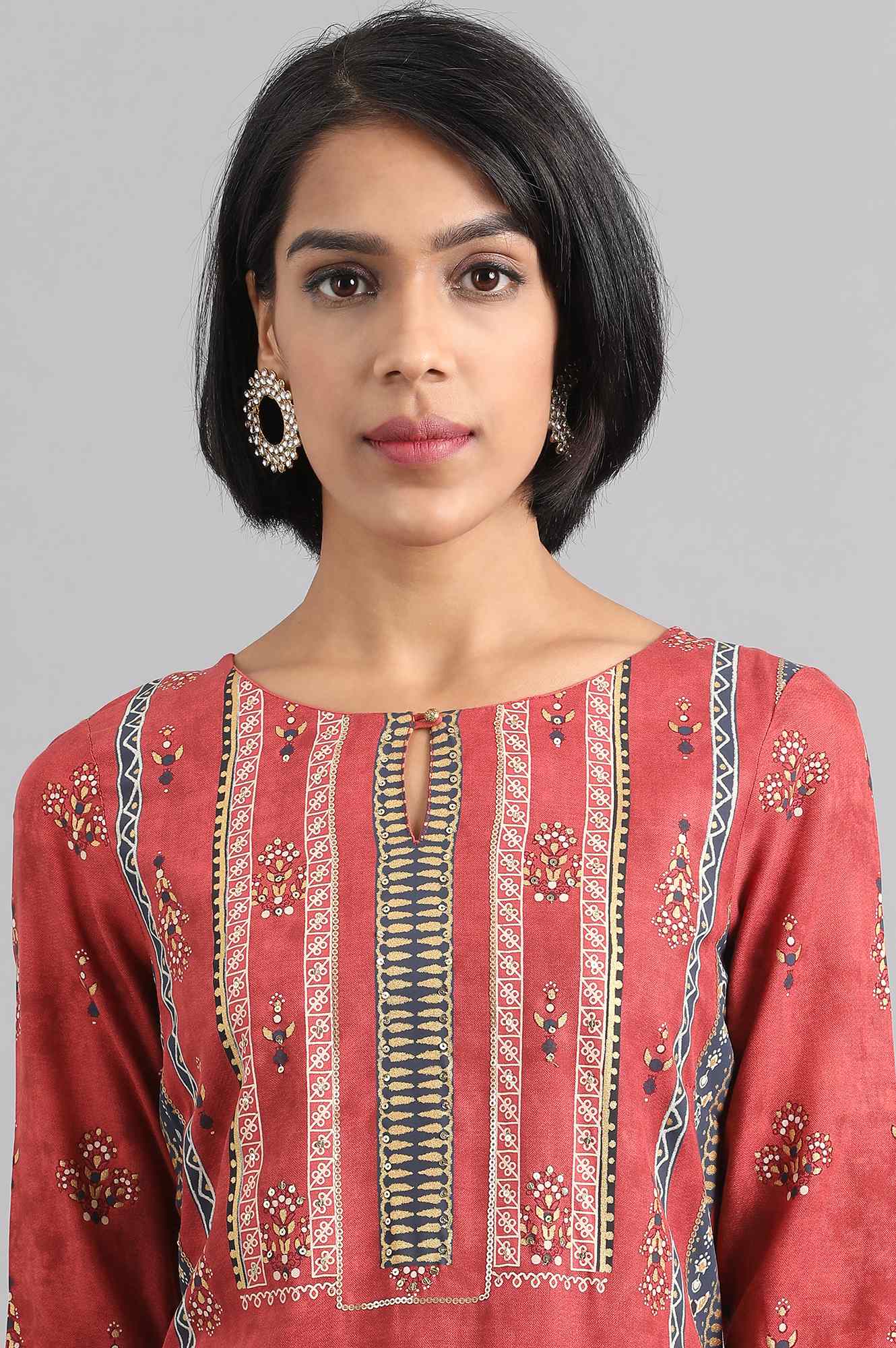Rust Round Neck Printed kurta