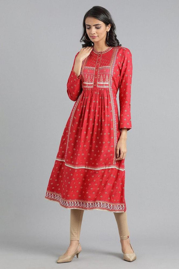 Red Round Neck Printed kurta