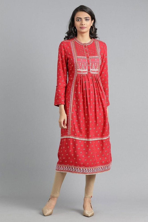 Red Round Neck Printed kurta