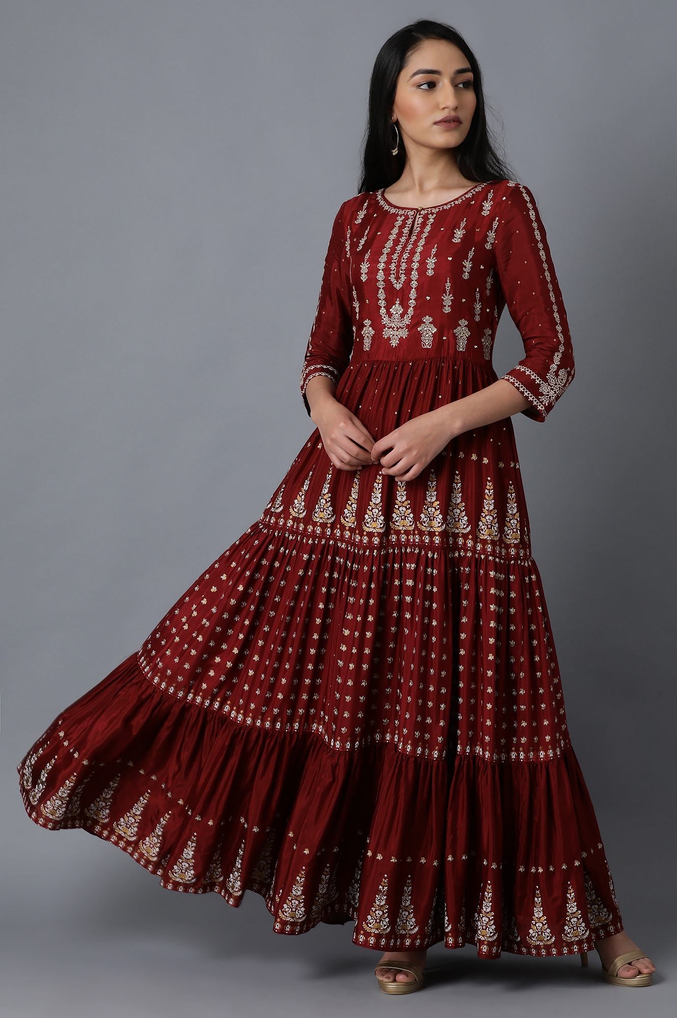 Maroon Round Neck Tiered Festive Dress