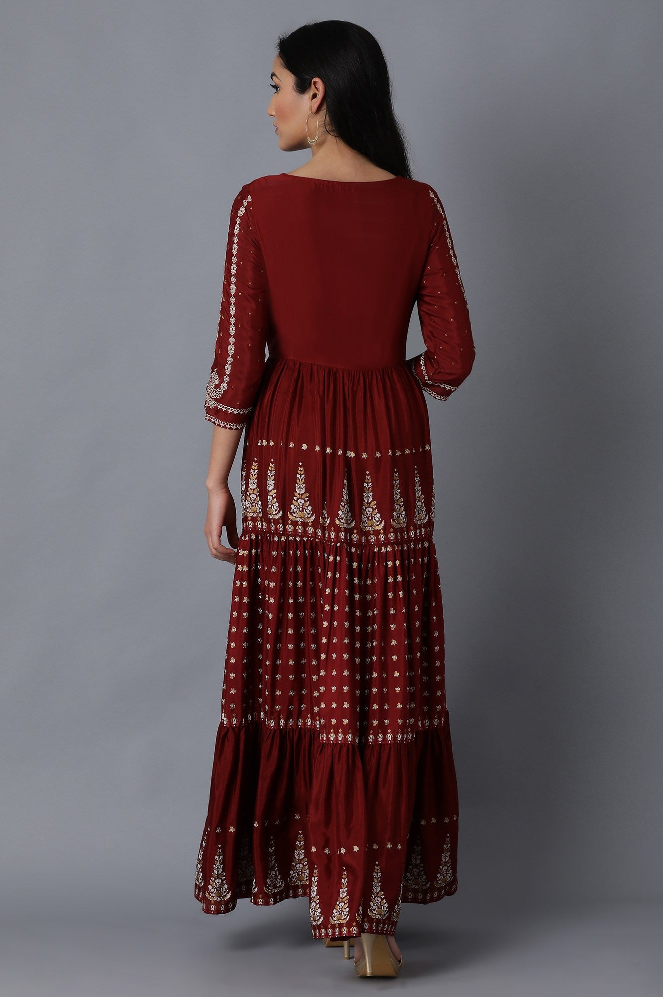 Maroon Round Neck Tiered Festive Dress