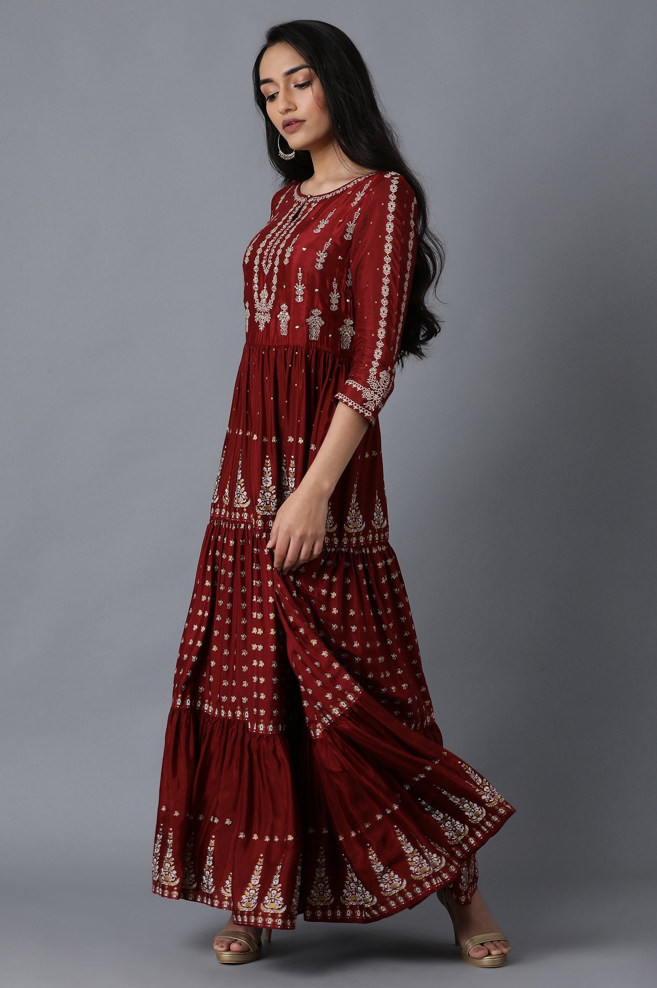 Maroon Round Neck Tiered Festive Dress