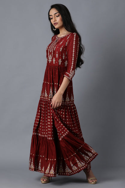Maroon Round Neck Tiered Festive Dress