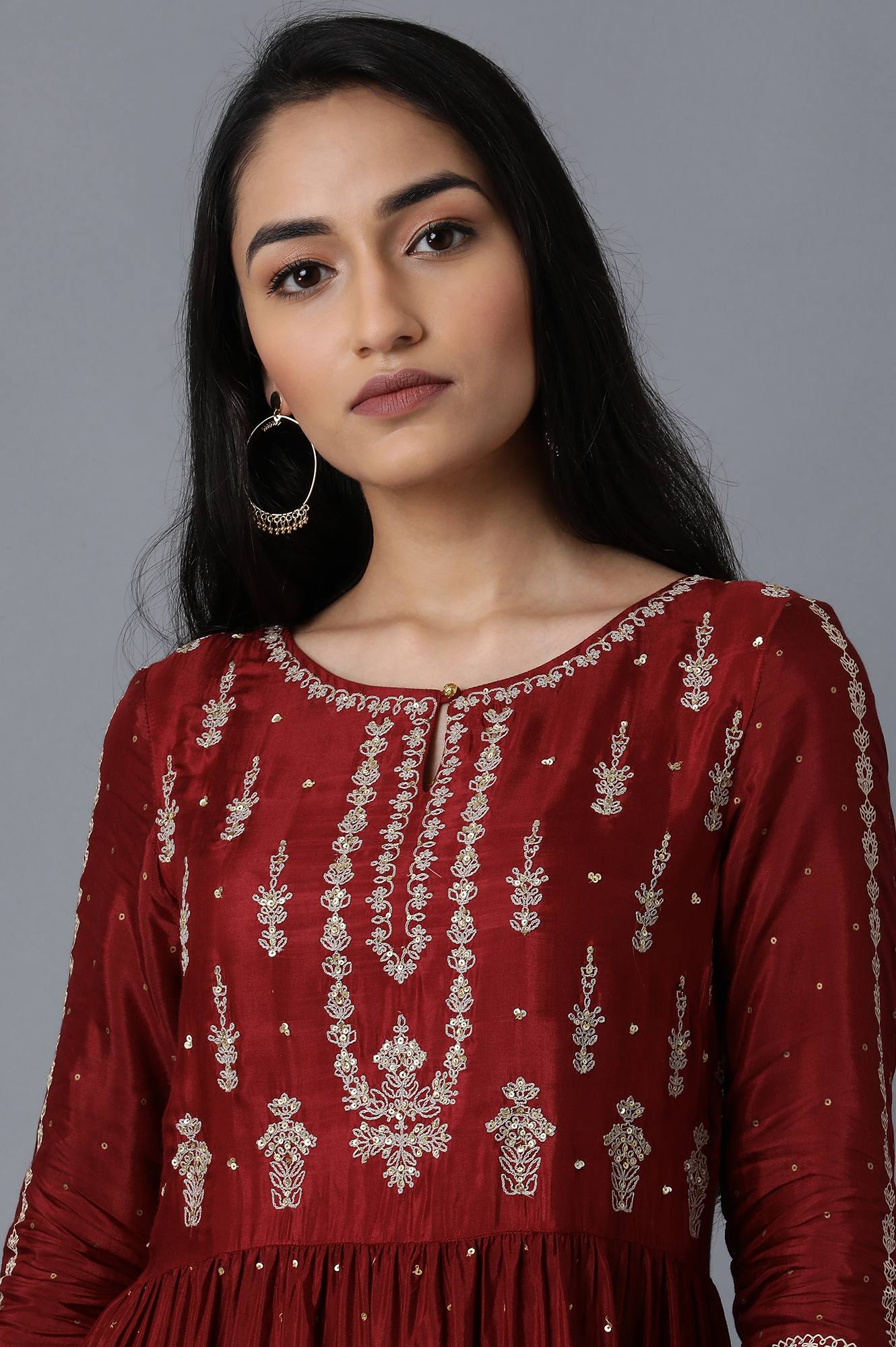 Maroon Round Neck Tiered Festive Dress