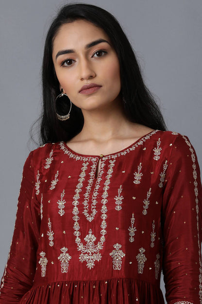 Maroon Round Neck Tiered Festive Dress