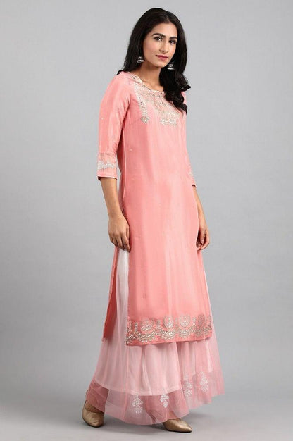 Pink Round Neck Printed kurta - wforwoman