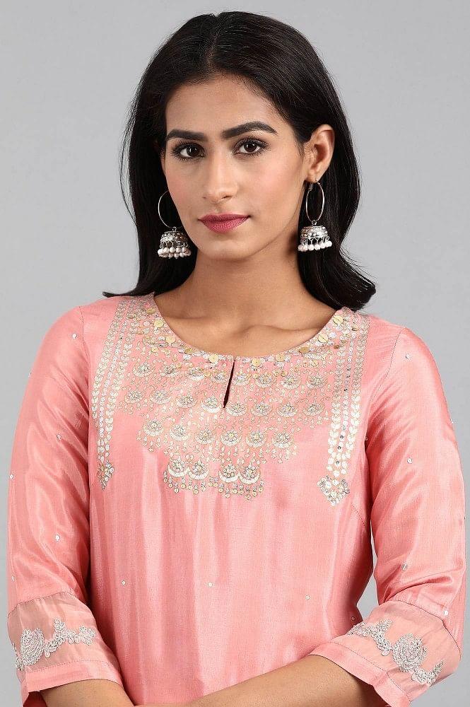 Pink Round Neck Printed kurta - wforwoman