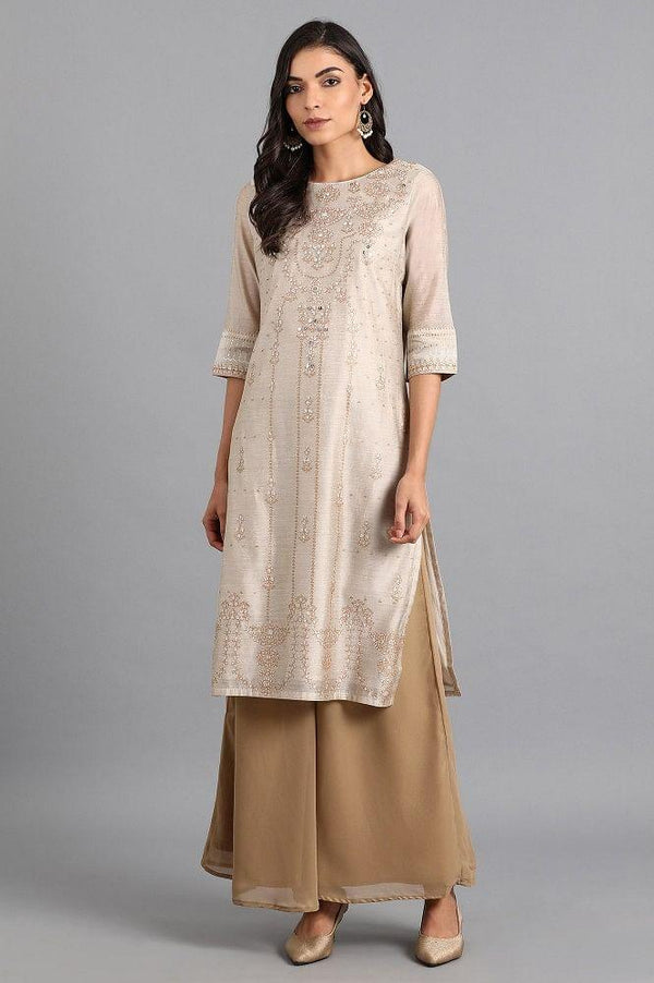 Beige Round Neck Printed kurta