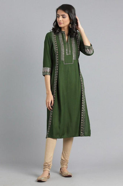 Green Mandarin Neck Printed kurta - wforwoman