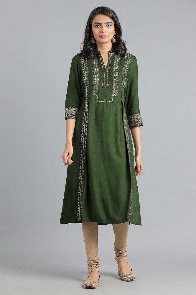 Green Mandarin Neck Printed kurta - wforwoman