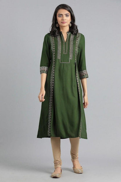 Green Mandarin Neck Printed kurta - wforwoman