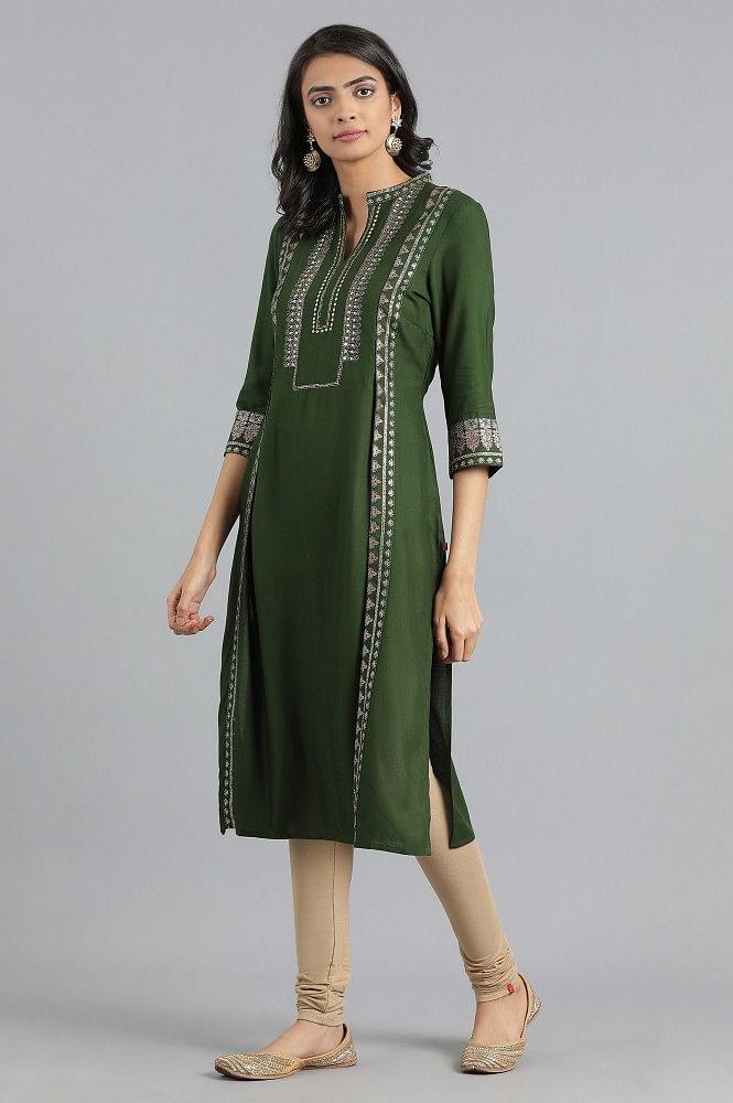 Green Mandarin Neck Printed kurta - wforwoman