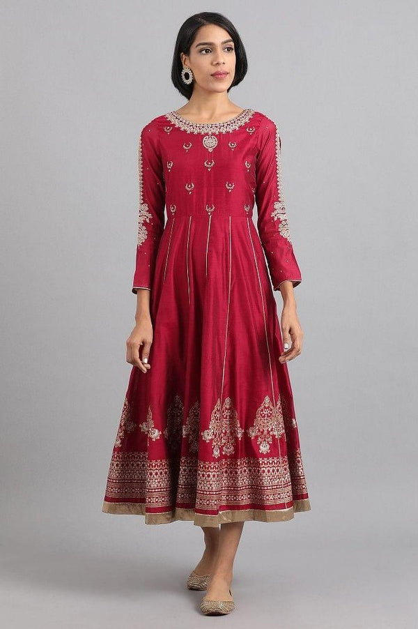 Maroon Round Neck Embellished Dress