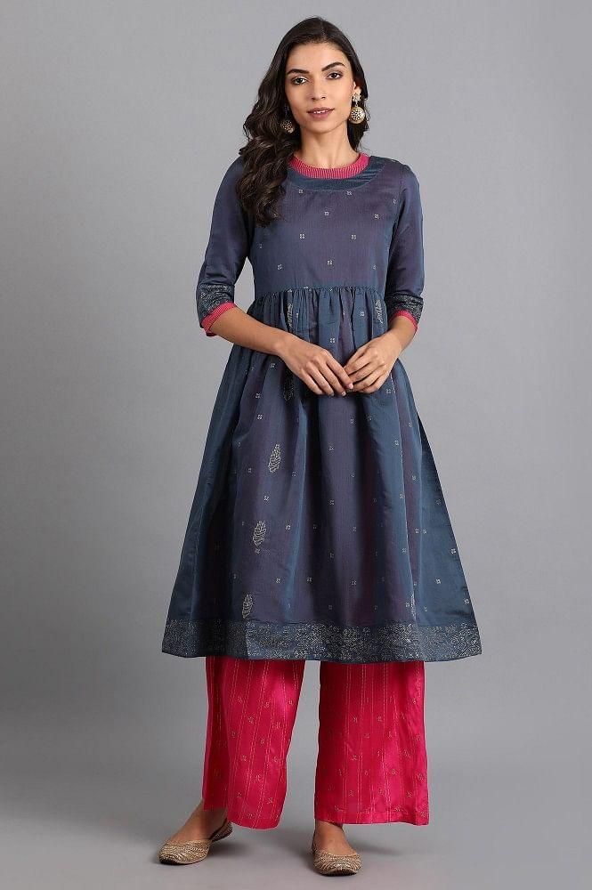 Blue Round Neck Chanderi kurta - L