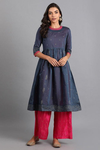 Blue Round Neck Chanderi kurta - wforwoman