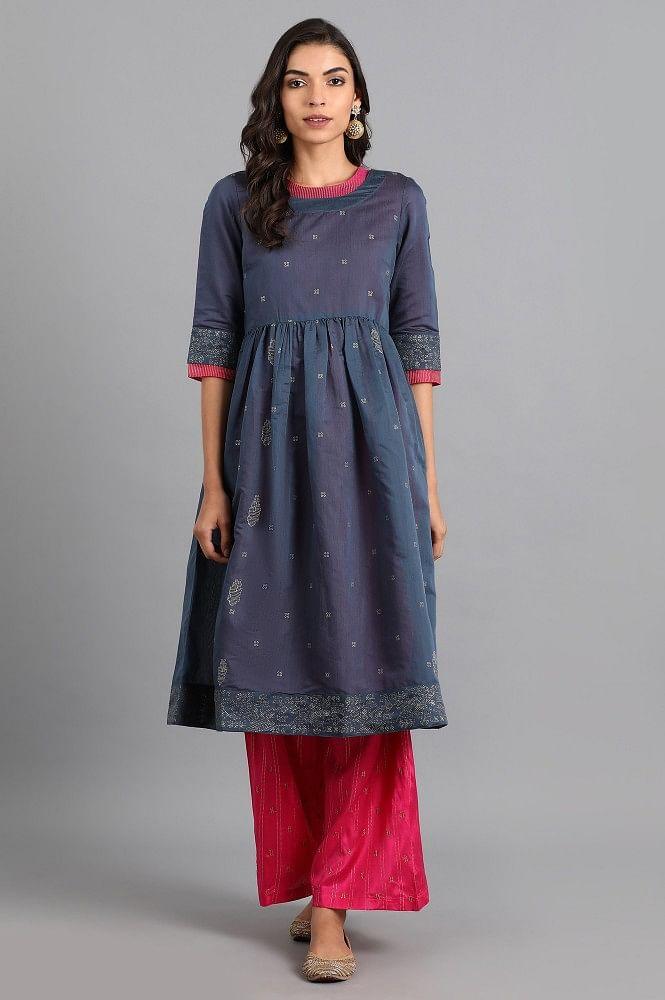 Blue Round Neck Chanderi kurta - wforwoman