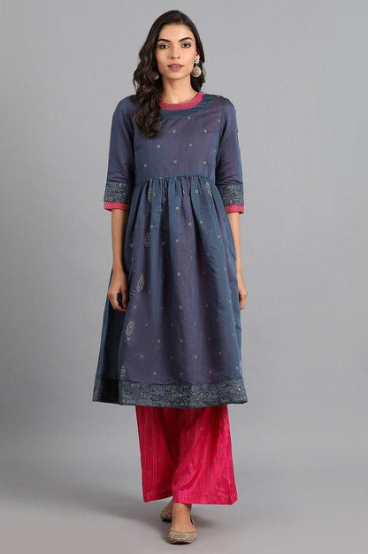 Blue Round Neck Chanderi kurta - wforwoman