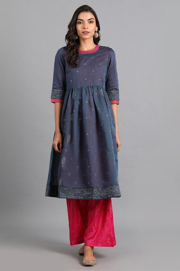 Blue Round Neck Chanderi kurta