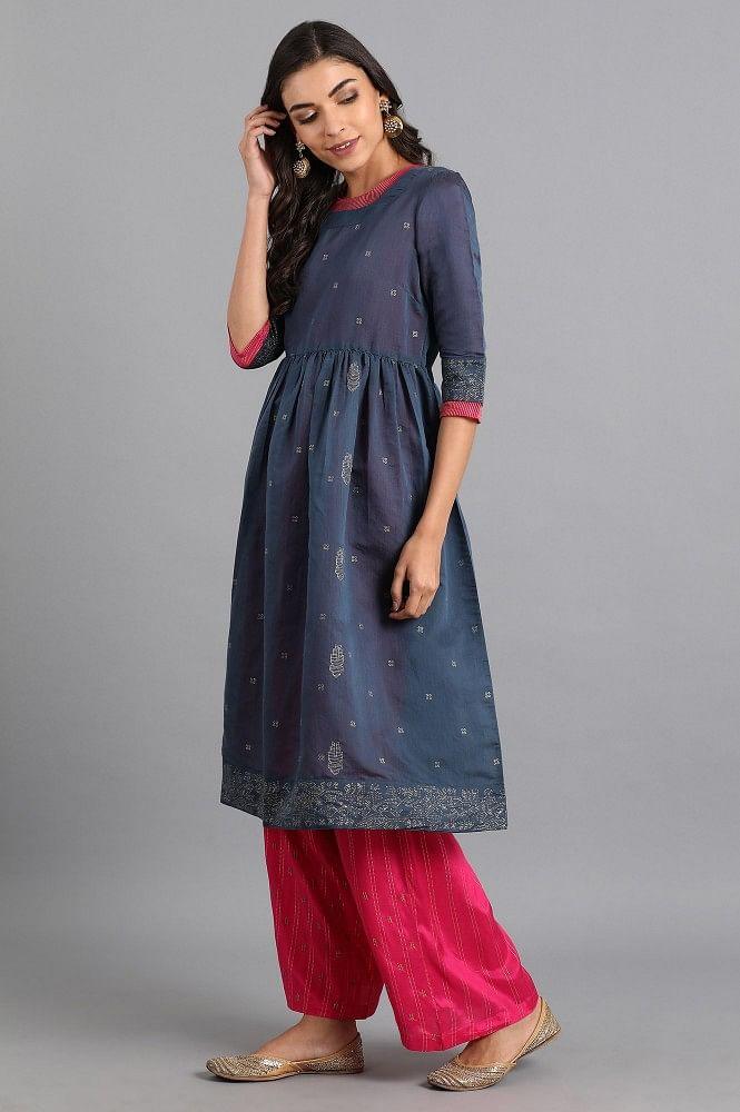 Blue Round Neck Chanderi kurta - wforwoman