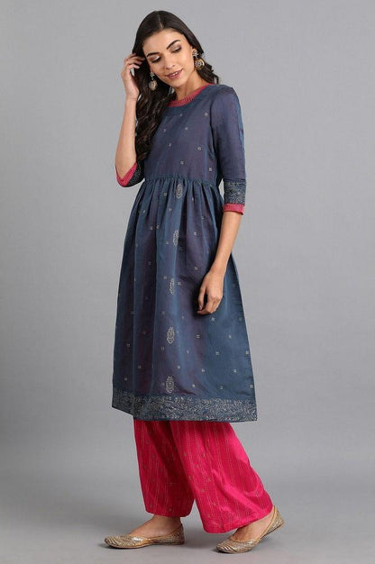 Blue Round Neck Chanderi kurta - wforwoman