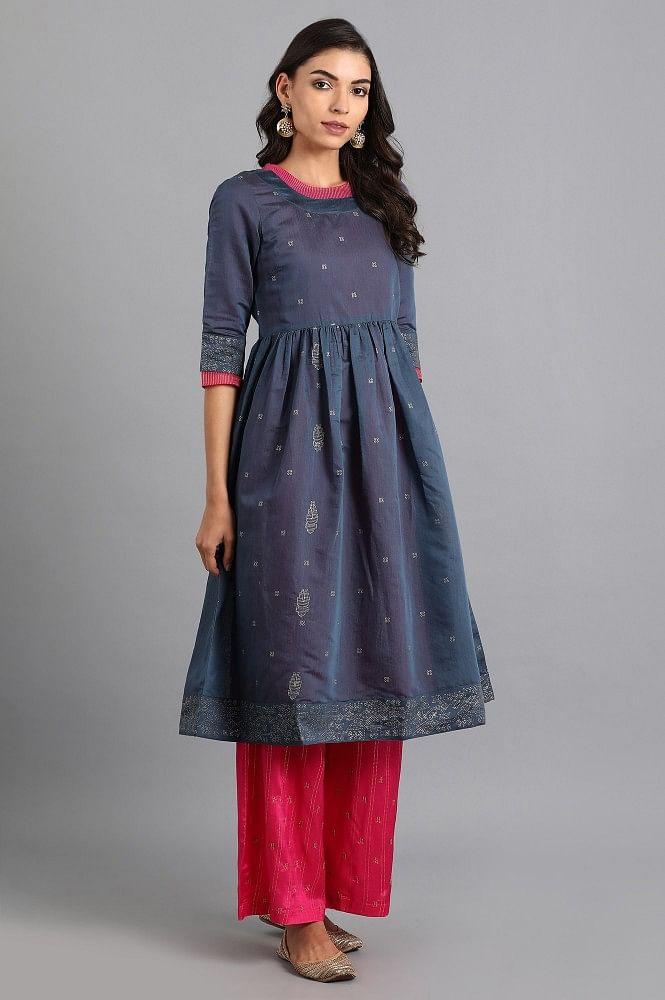 Blue Round Neck Chanderi kurta - wforwoman