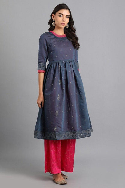 Blue Round Neck Chanderi kurta - wforwoman