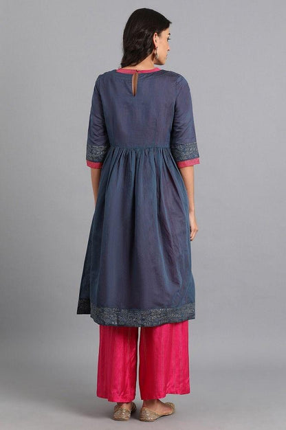 Blue Round Neck Chanderi kurta - wforwoman