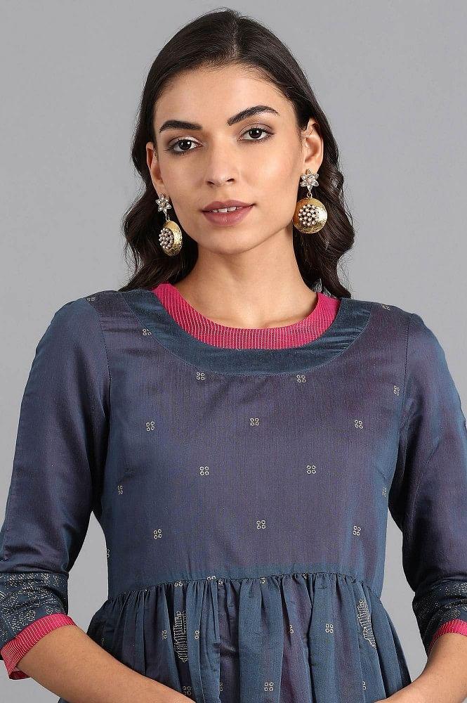 Blue Round Neck Chanderi kurta - wforwoman